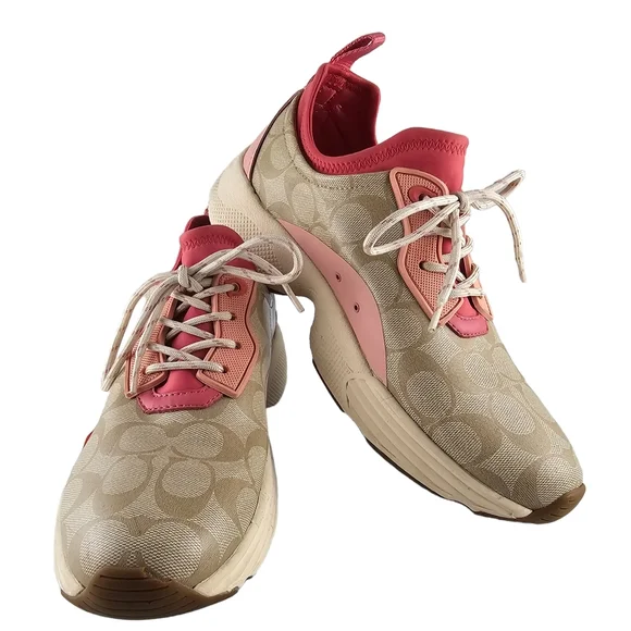 Coach Signature 270 Shoes Women's Size 10 Tech Runner Tan Pink Lace Up Sneakers - Picture 1 of 16